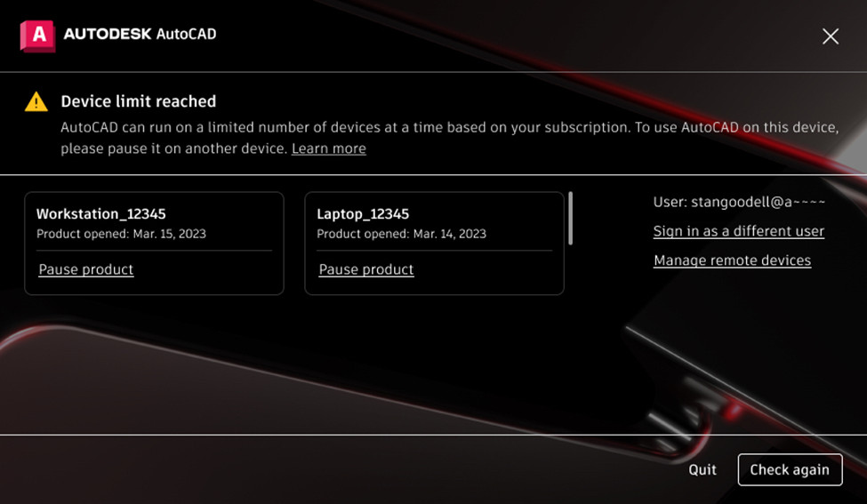 Hộp thoại Device limit reached xuất hiện trong phần mềm Autodesk